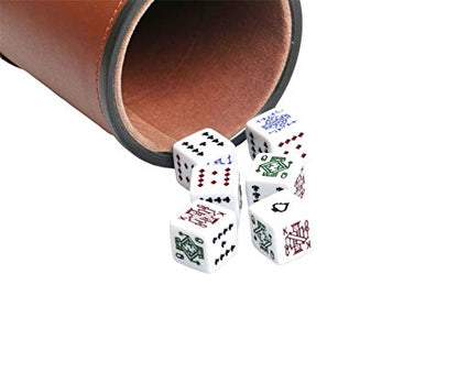 Leatherette Dice Cup with Poker Dice, Felt Lining Quiet Shaker for Playing Yahtzee/Farkle/Liars Dice, - color: Brown With Poker Dice