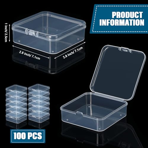Menkxi 100 Pcs 2.8 x 2.8 x 1 Inch Plastic Bead Storage Containers Box Transparent Boxes with Hinged Lid Clear Bead Organizer Box for Small Items DIY Craft Jewelry Hardware Business Cards Game Pieces