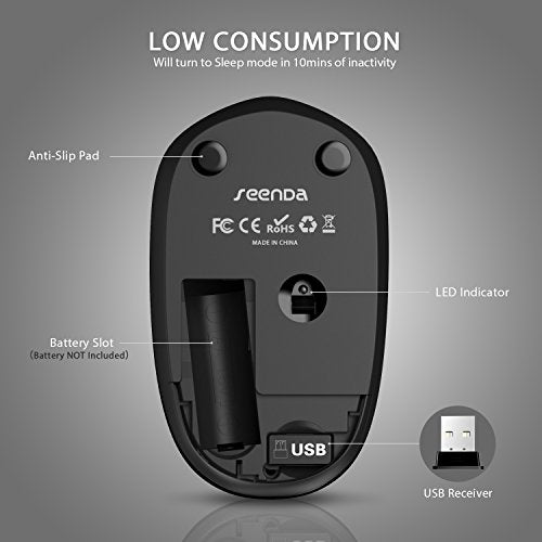 seenda Wireless Mouse for Laptop, 2.4G Noiseless Mouse with USB Receiver - Optical Tracking Portable Computer Mice for Chromebook, PC, Tablet, Windows System, 24 Months Battery Life - Black - color: Black