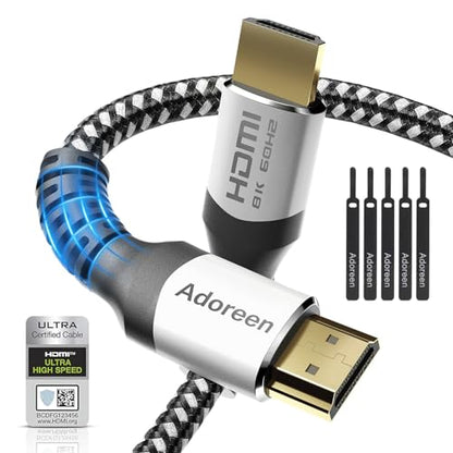Adoreen 8K HDMI 2.1 Cable (Certified) 10 feet, 48Gbps Braided HDMI Cord(3.3ft to 16.5ft) for 8K@60Hz 4K@120Hz 2K 1080P, Dynamic HDR, eARC HDCP2.2 Compatible PS5,PS4,HD TV with 5 Cable Ties(3m) - size: 10FT