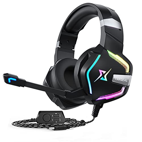 targeal 7.1 Surround Sound PC Gaming Headset for PS5 PS4 Laptop Mac Tablet Mobile, Over Ear Wired USB Gaming Headphone with Omni-Directional Noise Canceling Mic, RGB LED, with Type C Cable