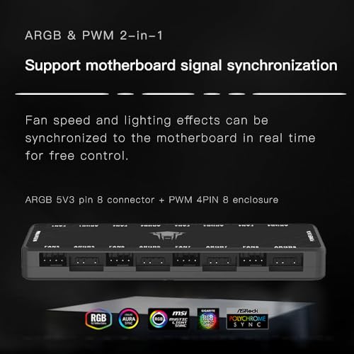 ARGB and PWM Fan HUB,8 Ports for Addressable RGB Lighting with PWM,1 to 8 Multi Way Magnetic backplane Splitter 5V/3PIN ARGB Case Fan Hub Adapter Black