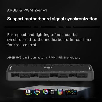 ARGB and PWM Fan HUB,8 Ports for Addressable RGB Lighting with PWM,1 to 8 Multi Way Magnetic backplane Splitter 5V/3PIN ARGB Case Fan Hub Adapter Black