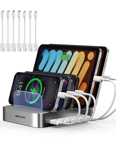 MSTJRY Charging Station for Multiple Devices : 5 Port Multi USB-A Charger Stations Multi-Device Organizer Charging Dock Designed for iPhone iPad Cell Phone Tablets (7 Short Cables Included), Silver - color: silver