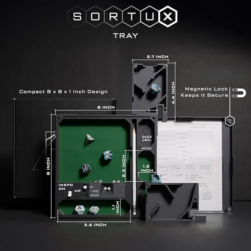 All-in-One Dice Tray with Tower by TTRPG World - Magnetic Modular Organizer for 5E & d20 RPGs with Soft Lining, Tower, Mini Holder, Sheets & Mystery Dice Set (Green) - color: Green