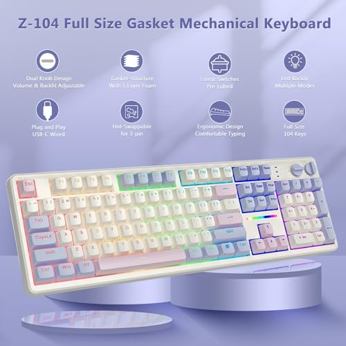 E-YOOSO Creamy Mechanical Gaming Keyboard Wired, Full Size, White Pink | Gasket Structure with Sound Dampening Foam, Led Backlit, Hot Swappable, Pre-lubed Linear Switches, Custom Keyboard for PC/Mac - color: White Pink Purple
