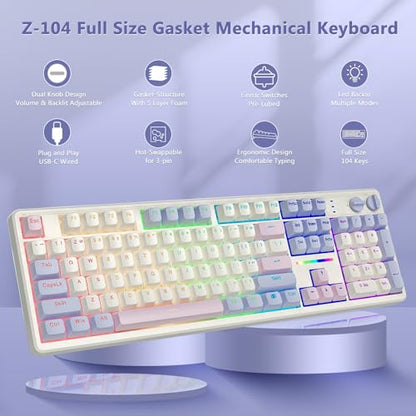 E-YOOSO Creamy Mechanical Gaming Keyboard Wired, Full Size, White Pink | Gasket Structure with Sound Dampening Foam, Led Backlit, Hot Swappable, Pre-lubed Linear Switches, Custom Keyboard for PC/Mac - color: White Pink Purple