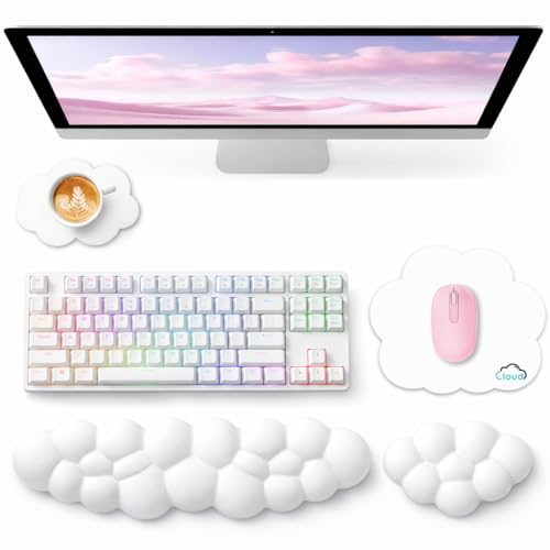Sushret Cloud Wrist Rest for Computer Keyboard and Mouse Pad Set, White | Memory Foam, Leather, 4-in-1 Cloud Keyboard Wrist Rest Set with Ergonomic Support for Arm and Palm Cushion, Gaming/Work Setup - color: 01 White Set, size: Tenkeyless