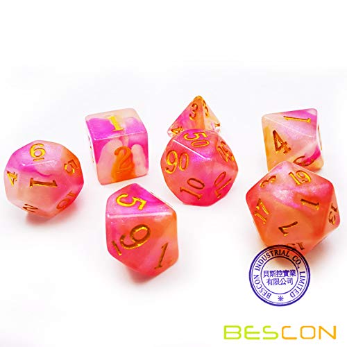 Bescon Magical Stone Dice Set Series, 7pcs Polyhedral RPG Dice Set RoseQuartz, Black Tinbox Packing - color: Rosequartz in Tinbox