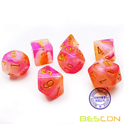 Bescon Magical Stone Dice Set Series, 7pcs Polyhedral RPG Dice Set RoseQuartz, Black Tinbox Packing - color: Rosequartz in Tinbox