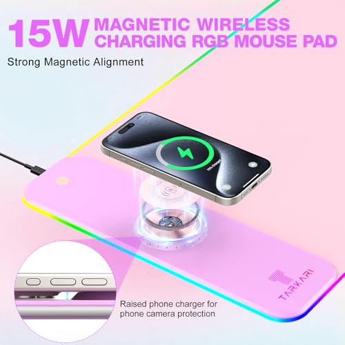 TARKARI Magnetic Wireless Charging RGB Mouse Pad, Large Gaming Desk Mat, 31.5"x11.8" Waterproof Mousepad, Ultra-Smooth Surface, Non-Slip Rubber Base, Desk Pad for Keyboard Laptop - color: Pink