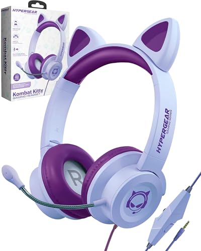 HyperGear Kombat Kitty Headphones for Kids Headphones with Cord Cute Cat Ear Kid Wired (Purple) Gaming Headset for Girls w/Mic Toddler Corded Headphone for Kids for School, Home, Streaming, Recording - color: Purple