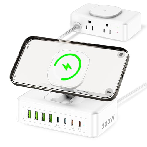 300W USB Charging Station, 11-in-1 USB C Power Strip Surge Protector, 2AC Outlets & 8USB Ports, 5ft Flat Plug Extension Cord with Multiple Devices, Desktop Charger for Home Office Desk - color: White&Green