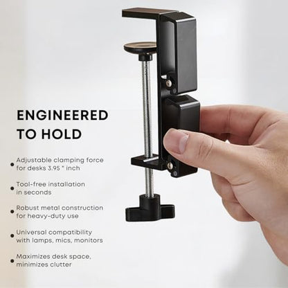 Dual Foldable Headphone Hanger Under Desk, Aluminum Alloy Headset Holder with Hooks, Anti-Accidental Bump Design, No-Drill Clamp Mount, Space-Saving for Headsets, Office & Computer Desk Organizer