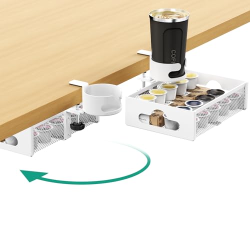 CABTE Desk Cup Holder with Drawer Organizer with 360° Rotation | Anti-Spill Clip-On Table Cup Hook Hidden Storage Box for Office Home Gaming Table (White) - color: White