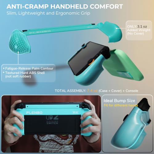 Plenbo FoldeX Switch 2 Grip Case with Detachable Flip Cover- Turquoise/Mint | Dockable Ergonomic Handheld Protective Hard Shell for Nintendo Switch 2, 3-Mode Compatible Joy-Con 2 Controller Grip - color: Turquoise & Mint