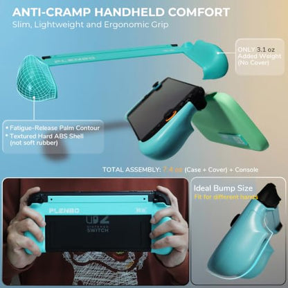 Plenbo FoldeX Switch 2 Grip Case with Detachable Flip Cover- Turquoise/Mint | Dockable Ergonomic Handheld Protective Hard Shell for Nintendo Switch 2, 3-Mode Compatible Joy-Con 2 Controller Grip - color: Turquoise & Mint
