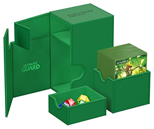 Ultimate Guard Flip'n'Tray 80+, Deck Case for 80 Double-Sleeved TCG Cards + Dice Tray, Green, Independent Magnetic Closure & Microfiber Inner Lining - color: Green, size: 80+