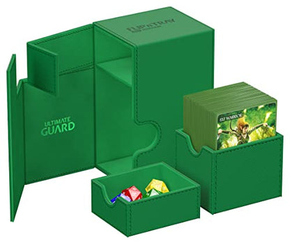 Ultimate Guard Flip'n'Tray 80+, Deck Case for 80 Double-Sleeved TCG Cards + Dice Tray, Green, Independent Magnetic Closure & Microfiber Inner Lining - color: Green, size: 80+