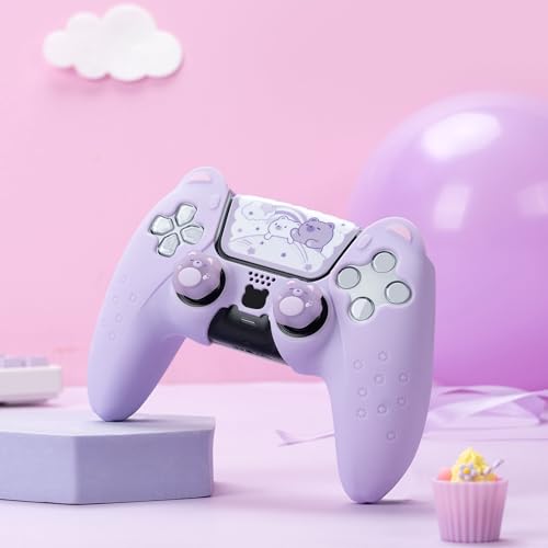 GeekShare Cute Bear PS5 Controller Skin Set,Soft Anti-Slip Silicone Protective Cover Skin Case for PS5 Wireless Controller with 2 Thumb Grip Caps and 1 Sticker - Purple - color: Bear