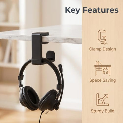 1 pcs Adjustable Headset Hook, Desk Mount Hanger with 360 Degree Swivel Arm and Cable Organizer, Under Desk Earphone Rack for Gaming Workspace, Black