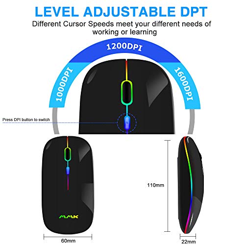 MMK Wireless Bluetooth Mouse, 2.4G Rechargeable Optical Mouse for Laptop | LED Slim Dual Mode (Bluetooth 5.0 and 2.4G) Wireless Mouse for Laptop, PC, Mac OS, Android, Windows (Black) - color: Black