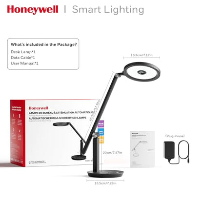 Honeywell H6 Desk Lamp for Home Office, Dimmable Reading Table Light, Black | Sunturalux CRI≥97, RG0 Low Blue Light, Flicker-Free, 800LM Dimmable with Timer for Webcam, Study, Office & Bedroom - color: Black