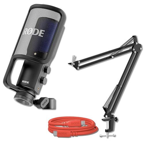 Rode NT-USB+ USB Condenser Microphone Bundle with StreamEye BOOMARM1 Boom Arm and SC27 Red 6.6-Foot USB-C Cable — Cardioid USB-C Studio Mic for Gaming, Twitch Streaming, Esports, Content Creation