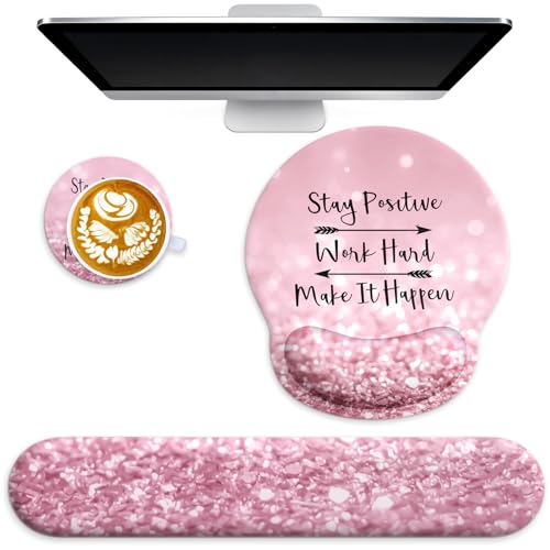 3 in 1 Ergonomic Mouse Pad and Keyboard Wrist Rest with Coaster Set-Pink | Cute Large Mousepad with Gel Wrist Support for Gaming Computer Laptop Women Office Home Desk Decor - color: B1-Glitter Pink