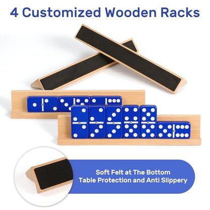 Dominoes Set for Adults with 4 Wooden Racks/Trays, Double Six Travel Portable Case 6 Tiles Holders, 28 Dominos Family Board Games - Blue - color: Blue