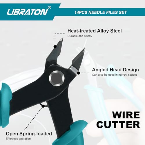LIBRATON Needle File Set, Diamond Needle File Set, 14PCS Small File Set | 6 Diamond Files & 6 Carbon Steel Files with Wire Cutter, Steel Brush, Carry Bag, Jeweler File Tools for Soft Metal,Wood,Model - style: Needle File-14PCS