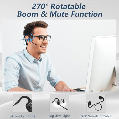 BANIGIPA Bluetooth Headset with Microphone, Open Ear Headphones with Mic | Wireless Headset w/ Noise Cancelling Mic for Phone PC Computer, Light & Comfortable for Office Meeting Home Working-10 Hrs