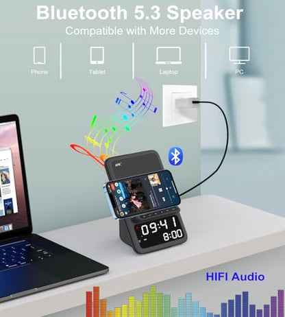 AFK Wireless Charging Station with Bluetooth Speaker and Alarm Clock,Wireless Charger Compatible with iPhone,Android Phones(Black)