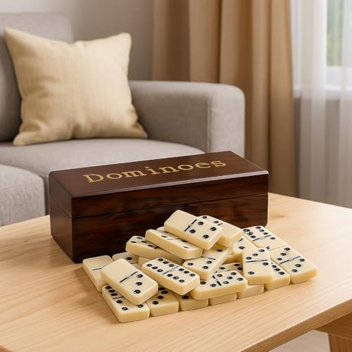 Double Six Dominoes Set with Wooden Storage Box, 28 Piece Travel Game | Double Six Domino Set Classic Family Board Game Portable Game Night Accessory Party And Travel Entertainment