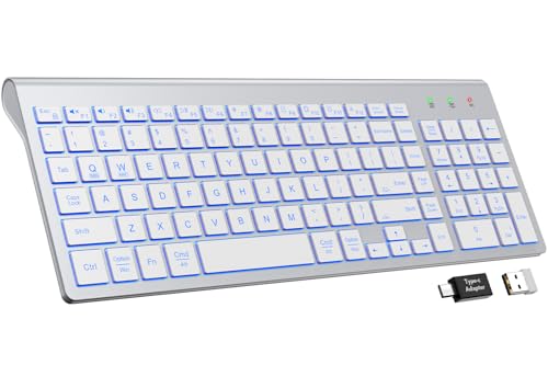 SABLUTE Wireless Keyboard with 7 Colored Backlits, Rechargeable Silent Compact Cordless Computer Keyboard with Low Profile Quiet Light Up Keys for Windows, PC, Linux, Chrome, Mac (Silver) - color: Silver