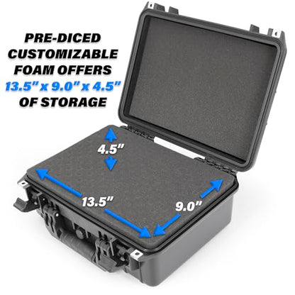 CASEMATIX 16" Waterproof Hard Case with Customizable Foam for Portable Electronics, Tools and Accessories - Hard Shell Plastic Case with Pre-Diced Travel Case Foam Interior - size: 16"