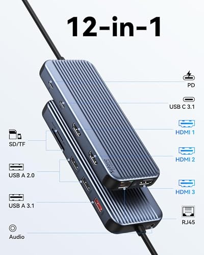 USB C Docking Station 3 HDMI, Selore 12 in 1 Laptop Docking Station 3 Monitors with Triple HDMI,10Gbps USB A/C 3.1,USB 2.0,100W PD Charging, Gigabit Ethernet, Audio Mic,SD/Micro SD Card Slot - size: 12-in-1