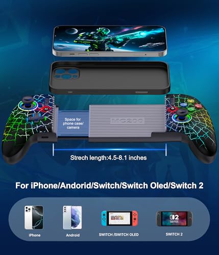 Mocagen Phone Controllers for iPhone/Android/Switch/Oled/Switch 2 - Hall Effect Joysticks & Triggers, Mobile Gaming Controller with 7 RGB Light, Macros, Turbo, Keylinker APP, Mac - size: Xbox Layout-Spider Silk