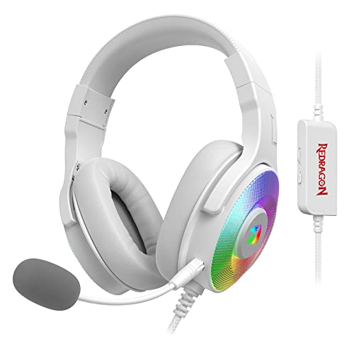 Redragon H350 White Wired Gaming Headset, Dynamic RGB Backlight - Stereo Surround-Sound - 50MM Drivers - Detachable Microphone, Over-Ear Headphones Works for PC/PS4/XBOX One/NS - color: White