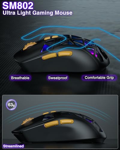 SOLAKAKA SM802 Wireless Gaming Mouse,10000 DPI,Tri-Mode Wired/BT 5.0/2.4GHz Wireless Mouse with Side Button, RGB Programmable Macro Mouse for Laptop (Black) - color: 1-black, size: SM802