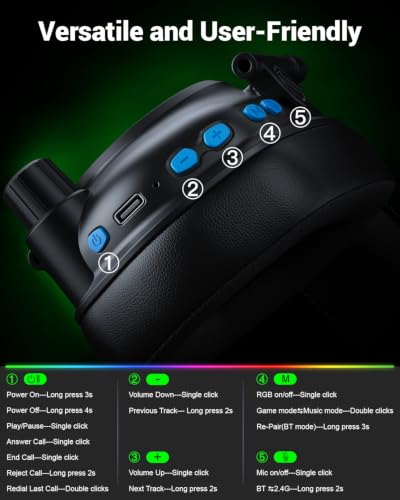 Krysenix Wireless Gaming Headset with Noise Canceling Microphone for PC, PS5, PS4, Switch, Mac, 2.4 GHz Wireless & Bluetooth 5.4 Gaming Headphones, Cool RGB Lighting, 50Hr Battery, 50mm Drivers(Blue) - color: Blue