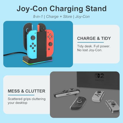 Switch 2 JoyCon Charging Dock for Nintendo Switch Controller Charger, Accessories for Nintendo 1/2 Charging Station with RGB Light - 4 in 1 Charge Switch2 with 60cm USB- C Power Cord - size: 60cm