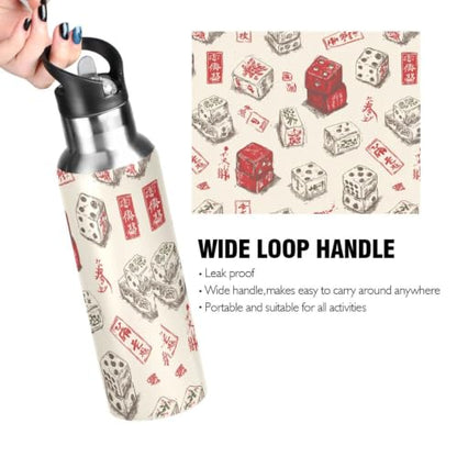 Dussdil Red Dice Pattern Water Bottle with Handle Straw Lid Vacuum Insulated Tumblers Stainless Steel Bottles Cup BPA Free 20 Oz - size: 20.3 Ounces