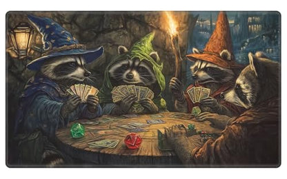 Card Playmat 24" x 14" TCG Game Mat for MTG and Other Card Games, Premium Stitched Card Gameplay Mat with Non-Slip Rubber Backing Board Games Desk Duel Mats, Fantasy Raccoon TTRPG Night - color: Fantasy Raccoon Ttrpg Night, size: 24"X14" Without Zones