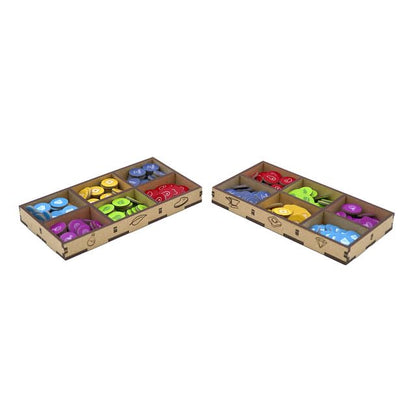 The Broken Token Game Organizer Compatible with Flamecraft - Wooden Game Organizing Box with Multiple Trays