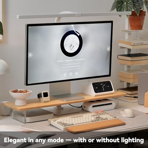 Bamboo Monitor Stand, Desk Shelf with Acrylic Legs and RGB Lights | 31.5-Inch Wide, 3.3-Inch Clearance, Fits Monitor, Laptop, Printer and Speakers for Small Desks - color: Natural x RGB Light