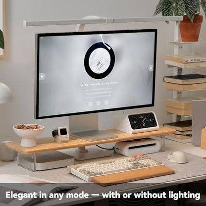 Bamboo Monitor Stand, Desk Shelf with Acrylic Legs and RGB Lights | 31.5-Inch Wide, 3.3-Inch Clearance, Fits Monitor, Laptop, Printer and Speakers for Small Desks - color: Natural x RGB Light