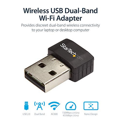 StarTech.com Wireless USB WiFi Adapter – Dual Band AC600 Wireless Dongle - 2.4GHz / 5GHz - 802.11ac Wi-Fi Laptop Adapter (USB433ACD1X1) | Dual Band AC600 Wireless Dongle, 802.11ac Wi-Fi Laptop Adapter - size: 433 Mbps AC (Nano), style: USB 2.0