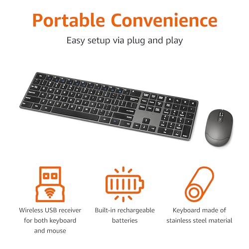 Amazon Basics Ultra Premium Wireless Keyboard and Mouse Combo, Rechargeable, Full-Size with Number Pad, Sleek Design, Plug and Play, Quiet Typing, 2.4GHz USB Receiver, Black - size: QWERTY
