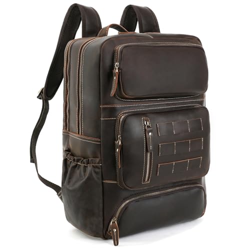 Full Grain Leather Backpack for Men, 17" Laptop Travel Rucksack, Brown | Premium Cowhide Leather, YKK Zippers, Business Trip, 32L, Ergonomic S-Straps, Water Bottle Pocket